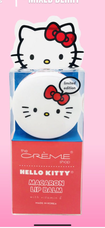 The Crème Shop x Hello Kitty Macaron Lip Balm makes lips as soft and decadent as a freshly baked macaron! Infused with smoothing Vitamin E and moisturizing Shea Butter.